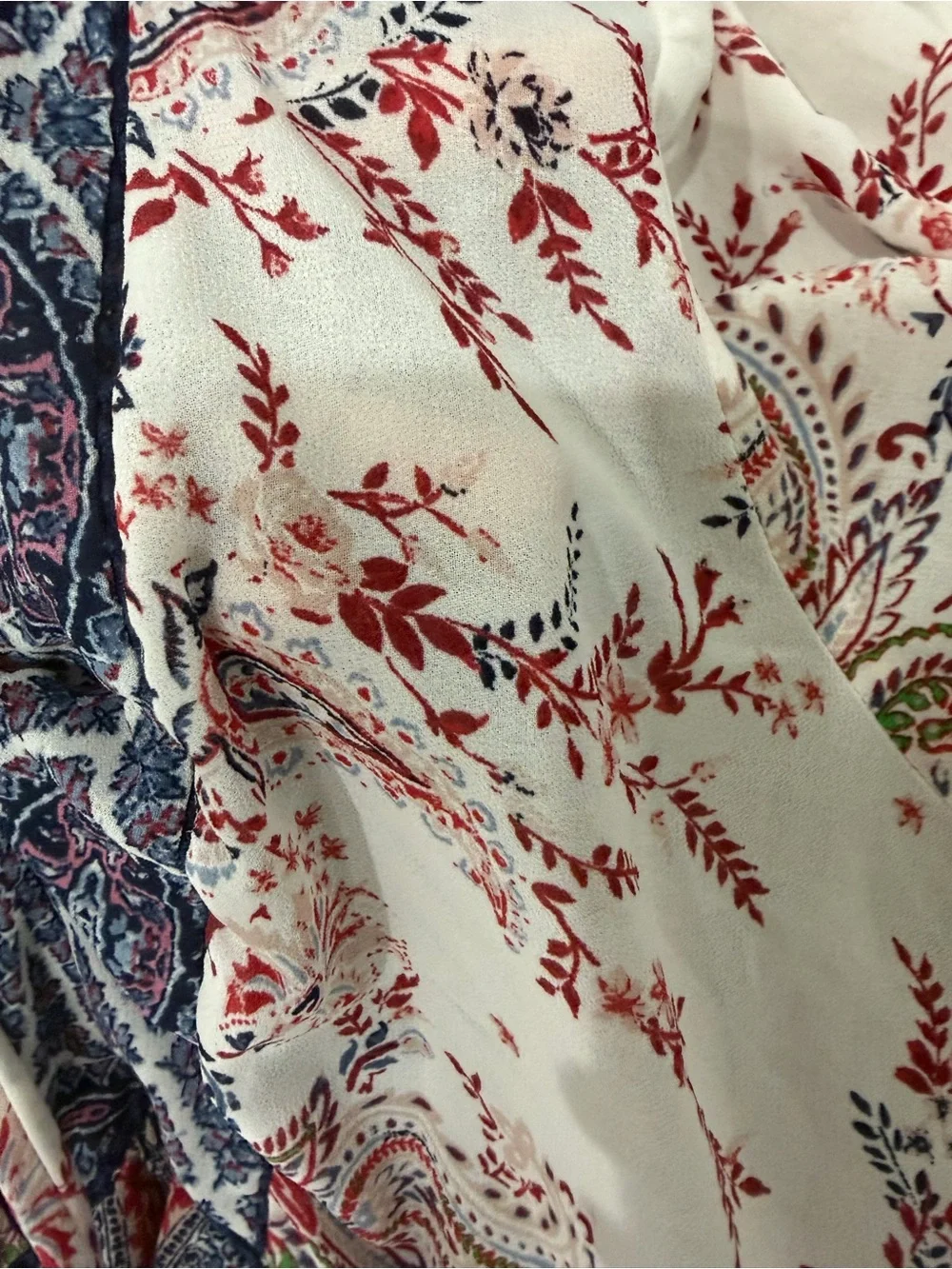 Knox Rose XL Boho Paisley Floral Tunic Blouse Red Navy Peasant Top Tassel Tie
